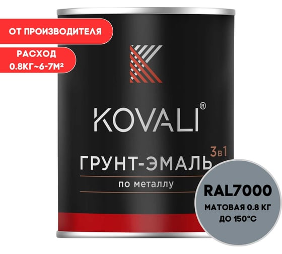 Грунт-эмаль 3 в 1 KOVALI матовая, серая белка RAL 7000, 0.8 кг kov3.2.4C7000