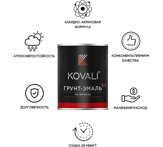 Грунт-эмаль 3 в 1 KOVALI полуглянец Серебристо-серая RAL 7001 (10 кг) kov3.1.3А7001