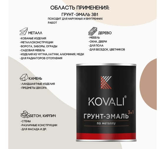 Грунт-эмаль 3 в 1 KOVALI полуглянец Телегрей 4 RAL 7047, 2.4 кг kov3.2.2.A.7047.2.4pg