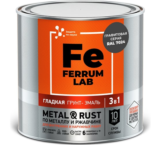 Грунт-эмаль по ржавчине 3 в 1 Ferrum Lab гладкая графитовая серая RAL 7024 215992