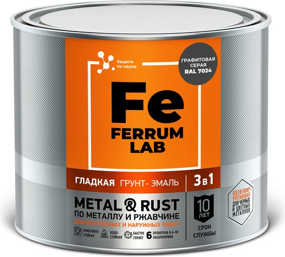 Грунт-эмаль по ржавчине 3 в 1 Ferrum Lab гладкая графитовая серая RAL 7024 215993