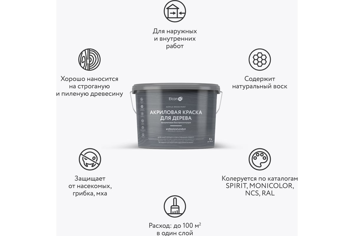 Краска для дерева Elcon акриловая коричневая RAL 8017 9 л 00-00750356 ...