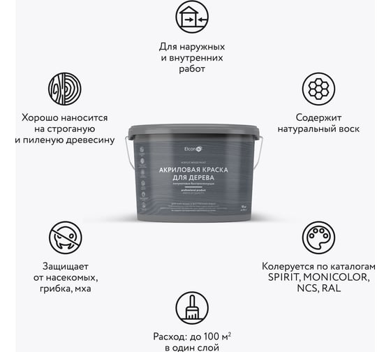 Краска для дерева Elcon акриловая графит RAL 7024 9 л 00-00750355