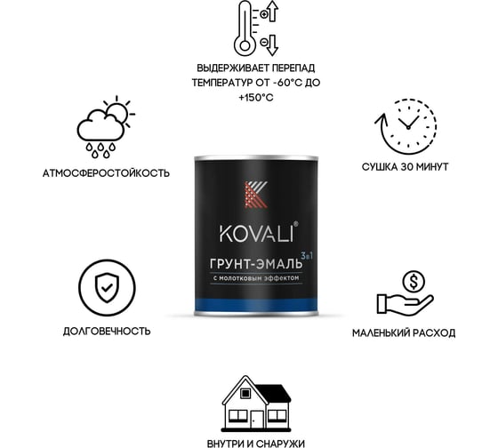Грунт-эмаль 3 в 1 KOVALI с молотковым эффектом, черная, 0.8 кг kov5.5.1