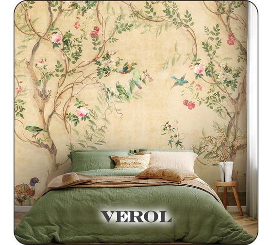 Фотообои 3D на стену флизелиновые Verol Цветы и птицы, 300x283 см, обои виниловые, водостойкие, обои для кухни моющиеся 282-ФФО-05917/