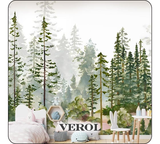 Фотообои 3D на стену флизелиновые Verol "Лес акварель" 300x283 см, 8.49 м2, обои в детскую, виниловые, моющиеся 274-ФФО-05914