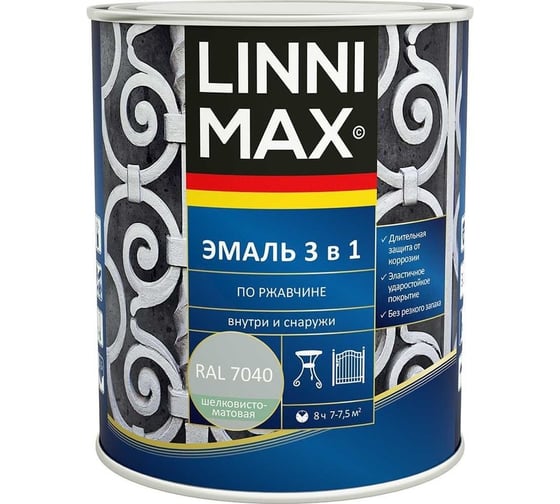 Эмаль по ржавчине LINNIMAX 3 в 1, RAL 7040, 0,75 л, ПРОМО 948105259R