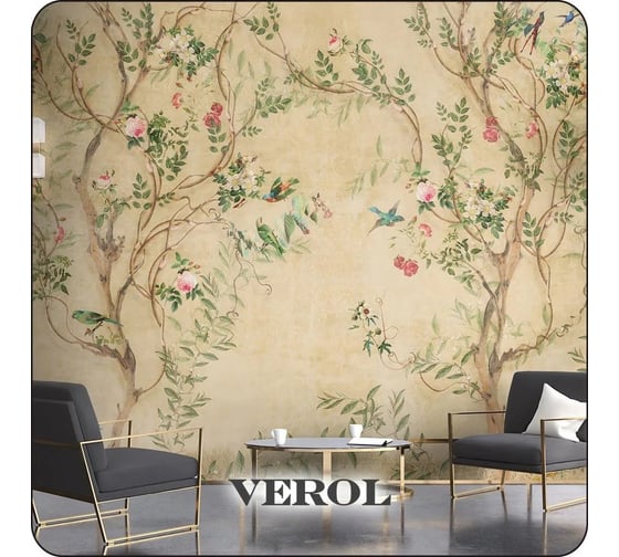 Флизелиновые фотообои Verol 3D на стену Цветы и птицы 400x283 см, 11.32 кв. м, виниловые, водостойкие, обои для кухни, моющиеся 331-ФФО-05917