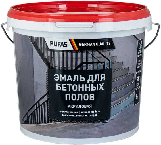 Эмаль акриловая ПУФАС для бетонных полов, полуглянцевая, мороз., cерая, 6 кг тов-217192