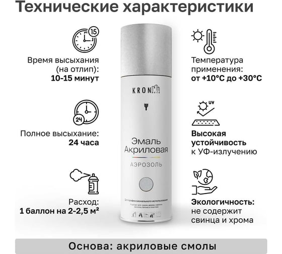 Эмаль акриловая Kronbuild металлик, серебро, глянец, 520 мл SPMETSERG