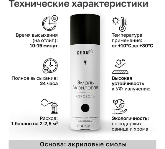 Эмаль акриловая Kronbuild RAL 9005 черная, матовая, 520 мл SP9005M