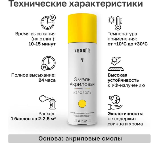Эмаль акриловая Kronbuild RAL 1018 желтая, глянец, 520 мл SP1018G