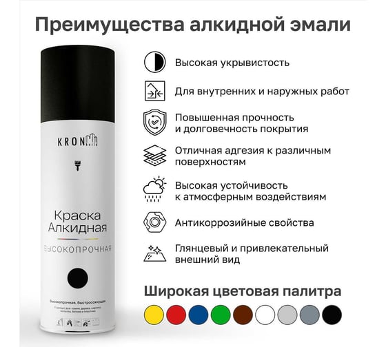 Эмаль алкидная Kronbuild RAL 9005 черная, глянец, 520 мл SPA9005G