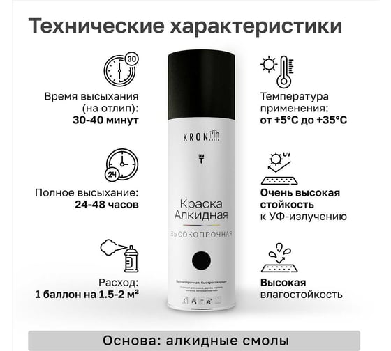 Эмаль алкидная Kronbuild RAL 9005 черная, матовая, 520 мл SPA9005M