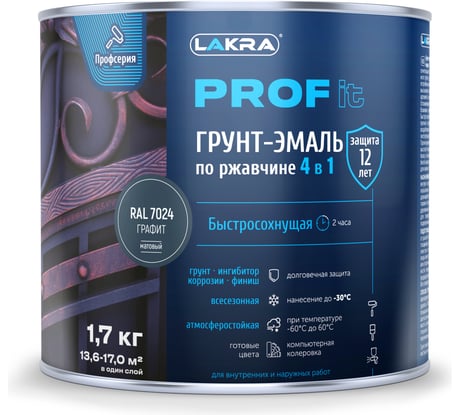 Грунт-эмаль по ржавчине ЛАКРА PROF IT 4 в 1, быстросохнущая, графит, RAL 7024, 1.7 кг ЛА-00003611