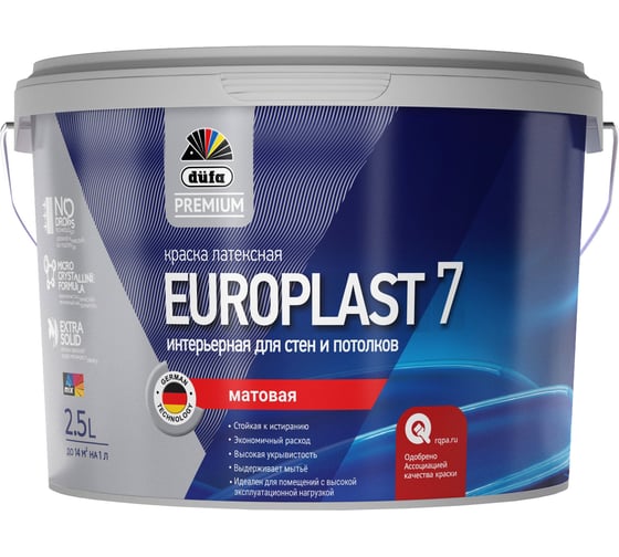 Краска Dufa Premium ВД EUROPLAST 7 интерьерная, база 1, 2,5 л Н0000006266