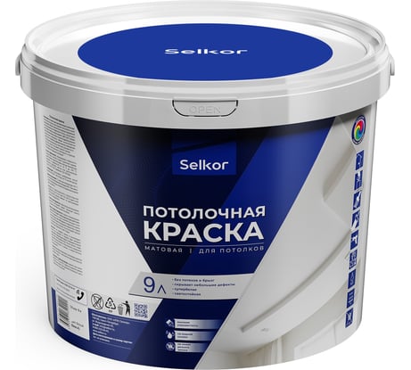 Краска для потолков Selkor белая, 9 л/12,9 кг 76014