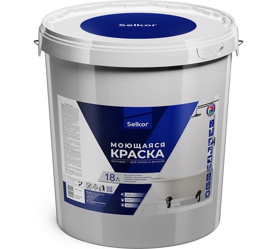 Моющаяся краска Selkor для влажных помещений, белая, 18 л/25,8 кг 78914
