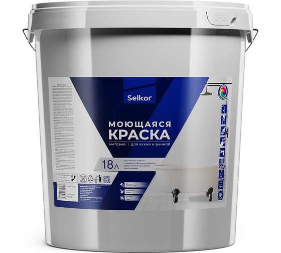 Моющаяся краска Selkor для влажных помещений, белая, 18 л/25,8 кг 78914
