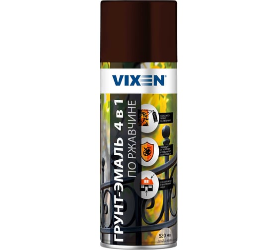 Аэрозольная грунт-эмаль по ржавчине VIXEN 4в1, шоколадно-коричневый RAL 8017, 520 мл VX518017 1