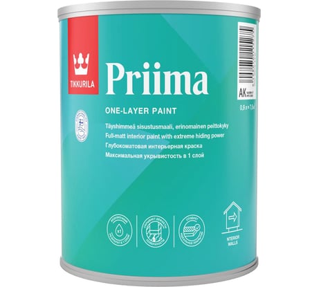 Интерьерная краска TIKKURILA Priima глубокоматовая, база С, 0.9 л 211883