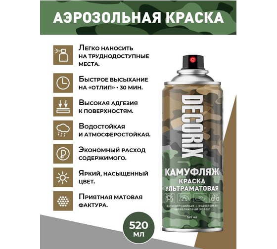 Аэрозольная светопоглощающая ультраматовая краска Decorix КАМУФЛЯЖ оливковый камуфляж 520 мл 0144-64 DX