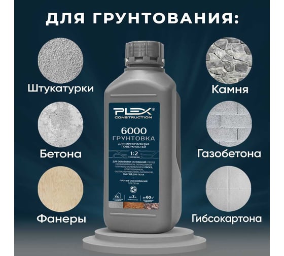 Грунтовка-Праймер PLEX пропиточная с биоцидами (концентрат 1:2) 1л 6000 УТ000007636
