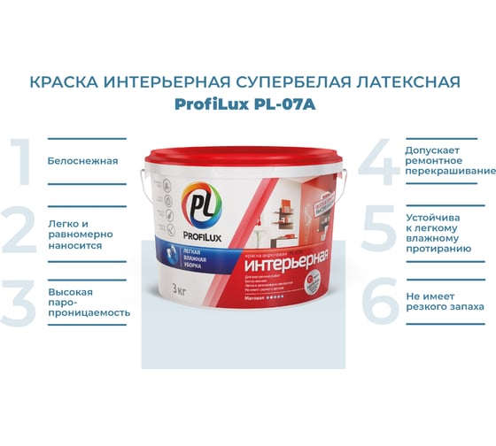 Влагостойкая краска Profilux ВД PL 07А акриловая, супербелая 3 кг Н0000000502