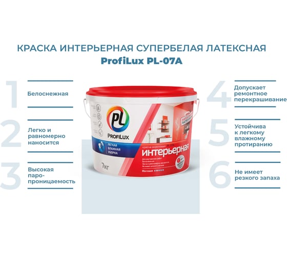 Влагостойкая краска Profilux ВД PL 07А акриловая, супербелая 7 кг Н0000000503