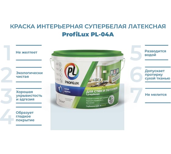 Краска Profilux ВД PL 04А акриловая, белая, 14 кг МП00-004685