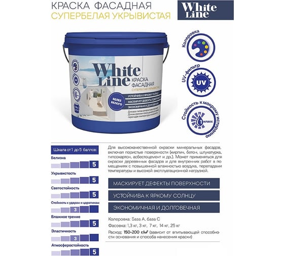 Краска фасадная ВД White Line 0520 R, ведро 0,9 л, 1,4 кг 4690417119875