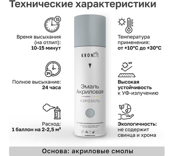 Эмаль акриловая Kronbuild RAL 7040 серое окно, глянец, 520 мл SP7040G