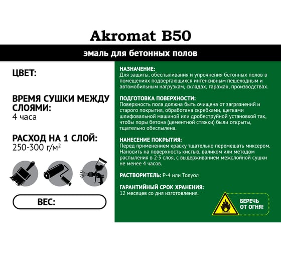 Полуглянцевая эмаль для бетонных полов Акромат Б50, 10 кг, серая УТ000011789