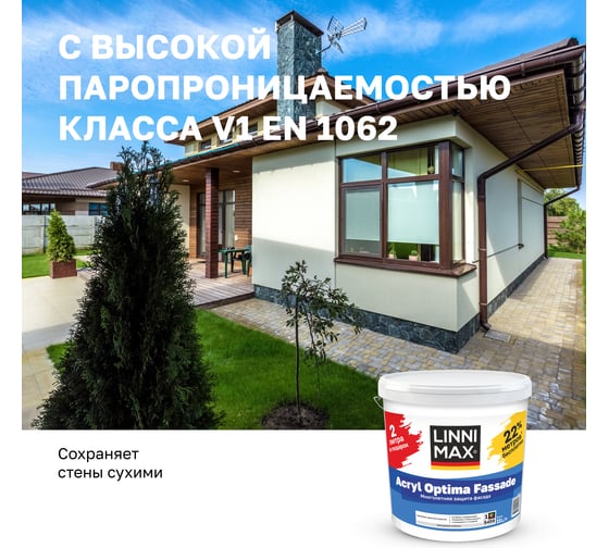 Краска водно-дисперсионная для наружных работ LINNIMAX Acryl Optima Fassade / Оптима Фасад База 1, 11 л ПРОМО упаковка 948106086