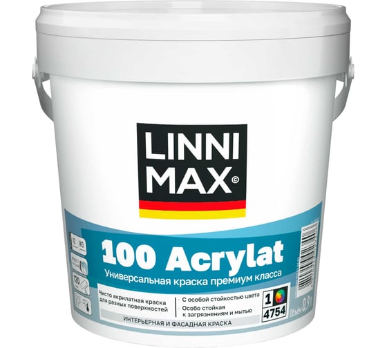 Краска водно-дисперсионная для наружных и внутренних работ LINNIMAX 100 Acrylat / 100 Акрилат База 1, 0,9 л 948106181