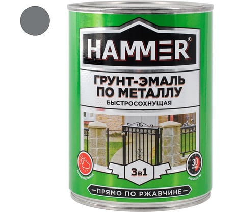 Грунт-эмаль по металлу HAMMER 3в1 б/с серая 0,9 кг ЭК000116552