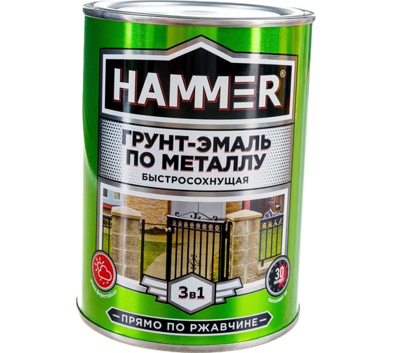 Грунт-эмаль по металлу HAMMER 3в1 б/с серая 0,9 кг ЭК000116552