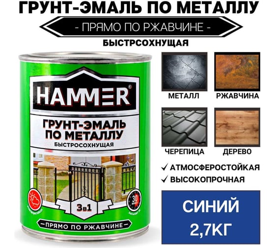 Грунт-эмаль по металлу HAMMER 3в1 б/с синяя 2,7 кг ЭК000125869
