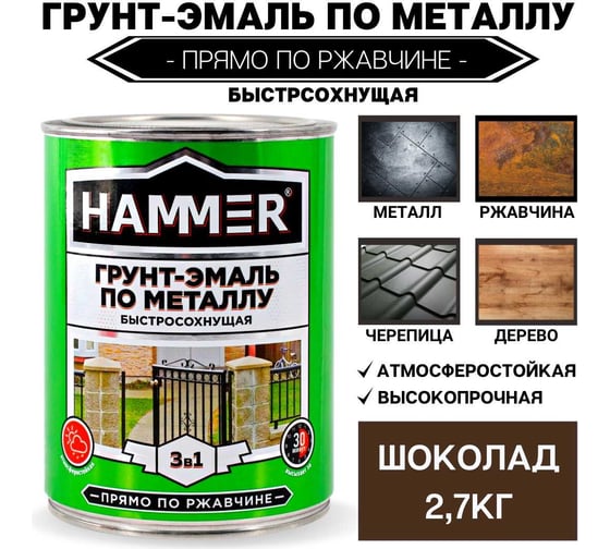 Грунт-эмаль по металлу HAMMER 3в1 б/с шоколадная 2,7 кг ЭК000132856