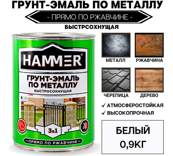 Грунт-эмаль по металлу HAMMER 3в1 б/с белая 0,9 кг ЭК000116559
