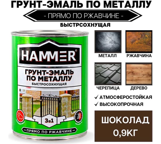 Грунт-эмаль по металлу HAMMER 3в1 б/с шоколадная 0,9 кг ЭК000132857