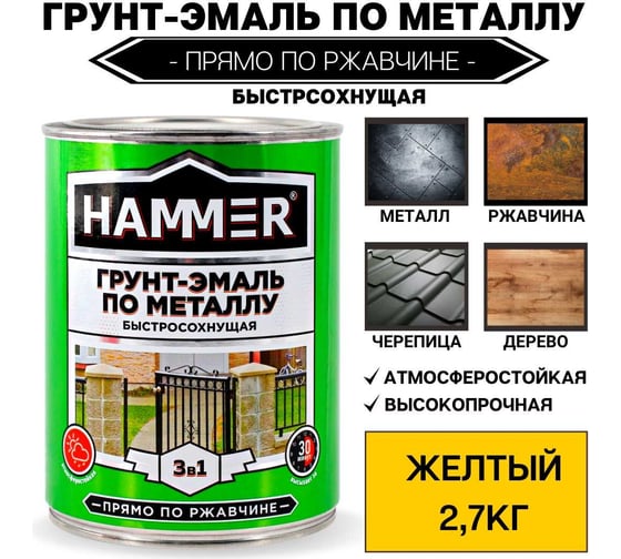 Грунт-эмаль по металлу HAMMER 3в1 б/с желтая 2,7 кг ЭК000125863
