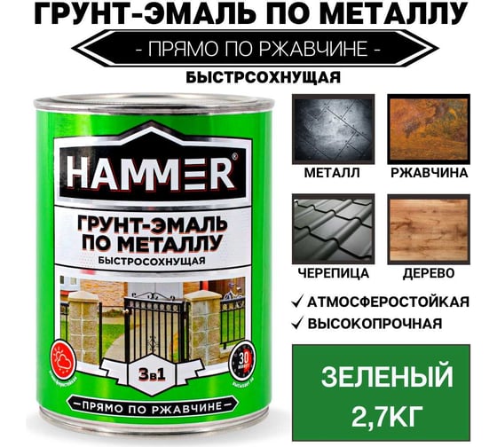 Грунт-эмаль по металлу HAMMER 3в1 б/с зеленая 2,7 кг ЭК000125864