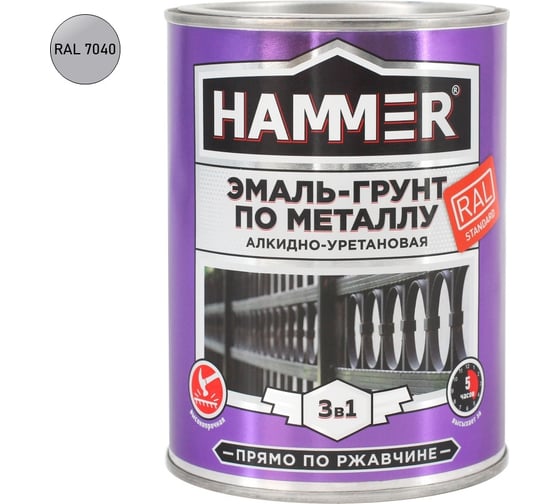 Эмаль-грунт по металлу HAMMER 3в1 АУ п/гл RAL 7040 серое окно 0,9 кг ЭК000133622