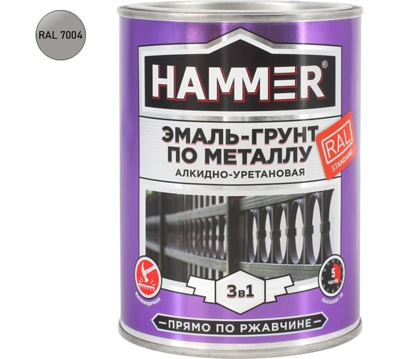 Эмаль-грунт по металлу HAMMER 3в1 АУ п/гл RAL 7004 сигнал. серый 0,9 кг ЭК000133621