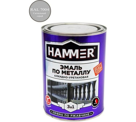 Эмаль-грунт по металлу HAMMER 3в1 АУ п/гл RAL 7004 сигнал. серый 0,9 кг ЭК000133621