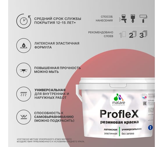 Краска резиновая MALARE ProfleX жидкая резина для наружных и внутренних работ, быстросохнущая моющаяся, матовая, коралловый, 0.5 кг 4660504719653