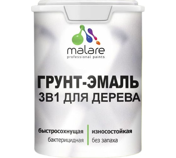 Резиновая Грунт-Эмаль MALARE 3 в 1 для деревянных поверхностей моющаяся без запаха полуглянцевая, серобуромалиновый, 1 кг 4660504706653 1