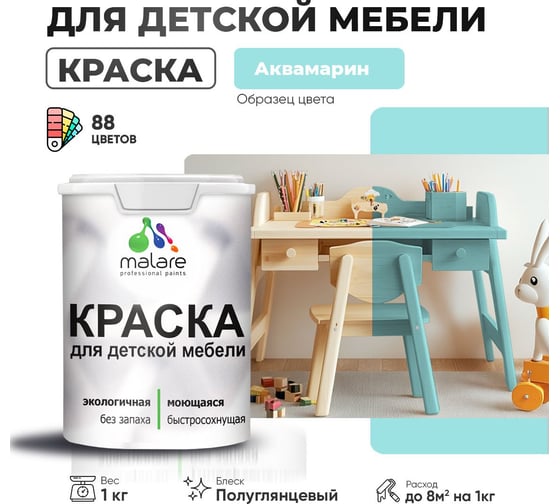 Резиновая краска для детской мебели MALARE для кухонных фасадов, мебели из дерева, моющаяся, быстросохнущая, без запаха, полуглянцевая, аквамарин, 1 кг. 4660504728310