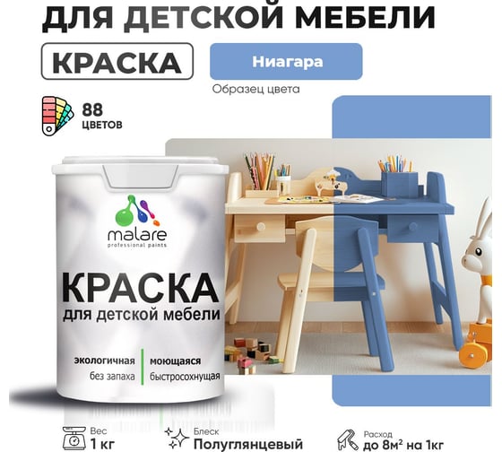 Резиновая краска для детской мебели MALARE для кухонных фасадов, мебели из дерева, моющаяся, быстросохнущая, без запаха, полуглянцевая, ниагара, 1 кг. 4660504729911